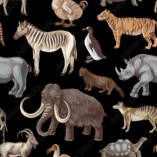 Seamless pattern with hand drawn extinct animals