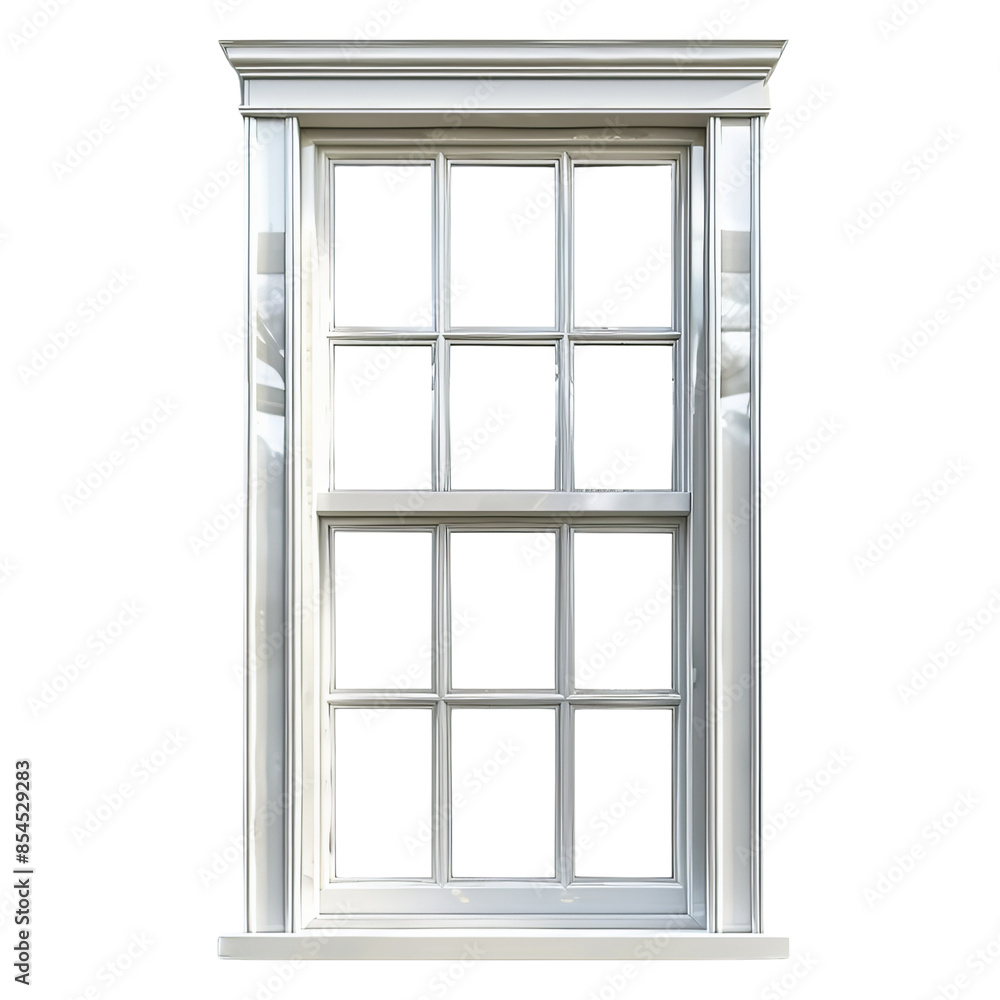 Elegant white framed window with multiple panes, isolated on transparent background, perfect for architectural and construction designs. Elegant white framed window with multiple panes, isolated on transparent background, perfect for architectural and construction designs.