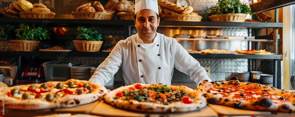 Obraz premium Professional Chef Surrounded by Freshly Prepared Pizzas on Counter in Bakery Kitchen