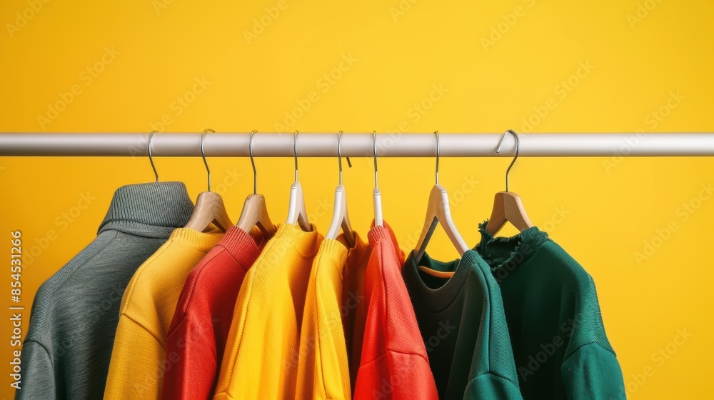 Obraz premium Clothes on a clothing hanger, isolated yellow background