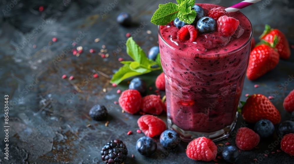 Overflowing with flavor: Munde Berry Smoothie on a fuzzy dark background Overflowing with flavor: Munde Berry Smoothie on a fuzzy dark background