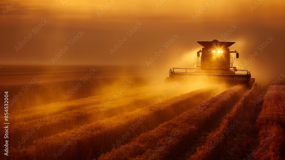 Fototapeta premium A vast agricultural field during what appears to be dusk or dawn. A combine harvester, illuminated by a warm glow from its headlights, is captured in the midst of harvesting.