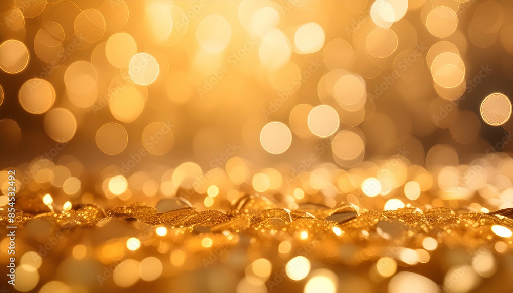 an abstract golden background with a bokeh effect, featuring shimmering, defocused glitters throughout an abstract golden background with a bokeh effect, featuring shimmering, defocused glitters throughout