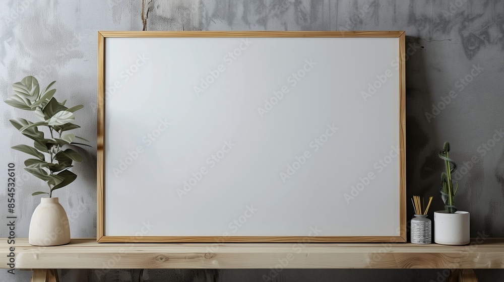 Whiteboard mockup with wooden border, blank, set before a subtle grey background. Back to school concept. Whiteboard mockup with wooden border, blank, set before a subtle grey background. Back to school concept.
