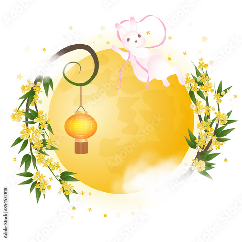 Full moon, moon rabbit, osmanthus, lantern illustration, suitable for Mid-Autumn Festival