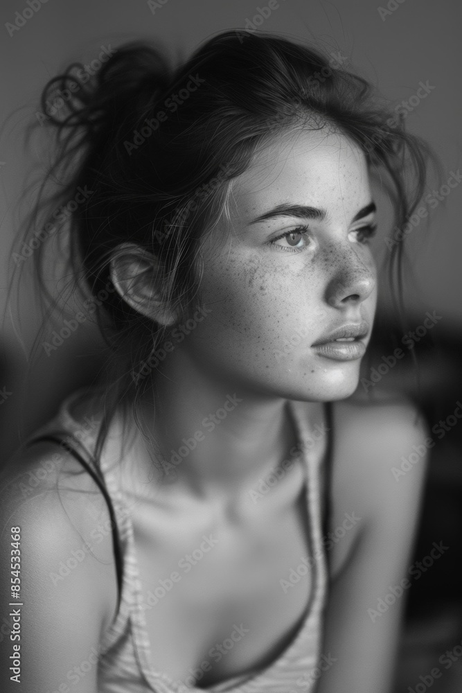 A natural and candid portrait of a young woman, showcasing genuine emotion and relaxed demeanor A natural and candid portrait of a young woman, showcasing genuine emotion and relaxed demeanor