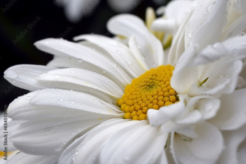 Obraz premium A close up of a white flower with droplets of water on it. The flower is the center of attention and the droplets of water add a sense of freshness and life to the image