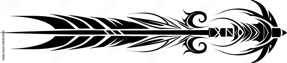 Minimal Black Arrow with Tribal Spiral Tips on White Background Minimal Black Arrow with Tribal Spiral Tips on White Background