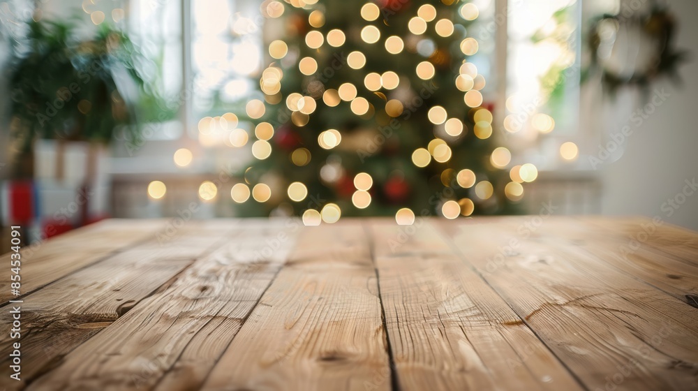 Wood table top and blur of room with a christmas tree on background