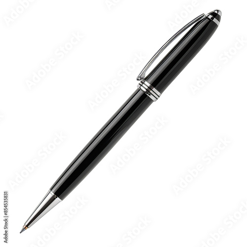 Elegant black ballpoint pen with shiny silver accents. Idea for professional and personal use. Perfect for writing and signing.
