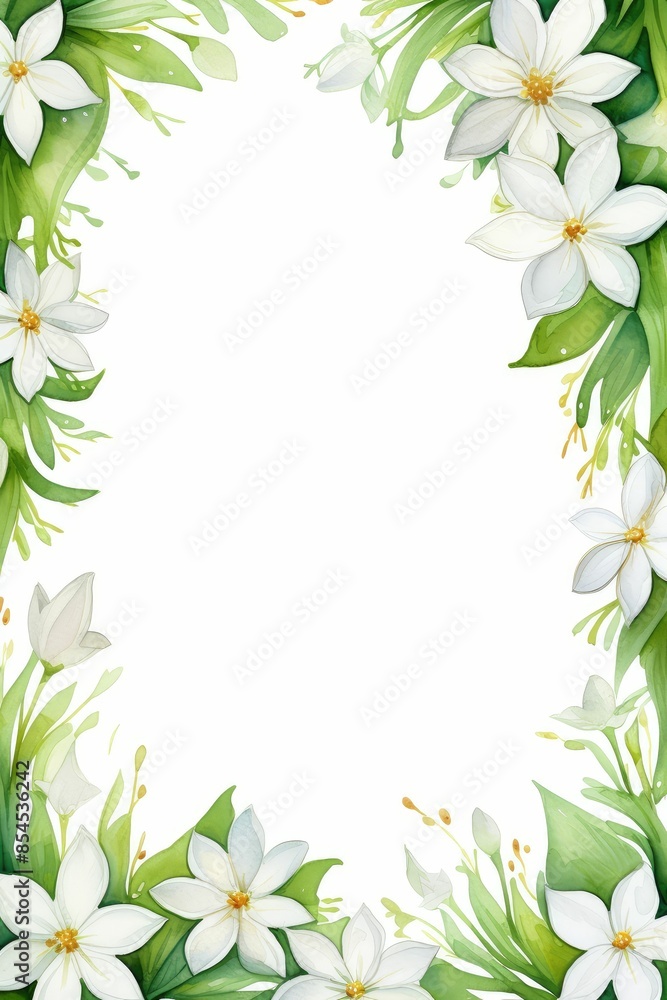 edelweiss themed frame or border for photos .with small white flowers and green leaves. watercolor illustration, white color background. edelweiss themed frame or border for photos .with small white flowers and green leaves. watercolor illustration, white color background.