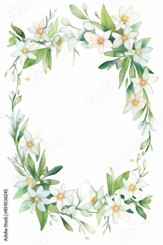 edelweiss themed frame or border for photos .with small white flowers and green leaves. watercolor illustration, white color background.