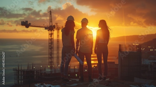 Business engineers' silhouette teamwork, blueprints in focus, blurred construction site at sunset, industry foresight, AI Generative