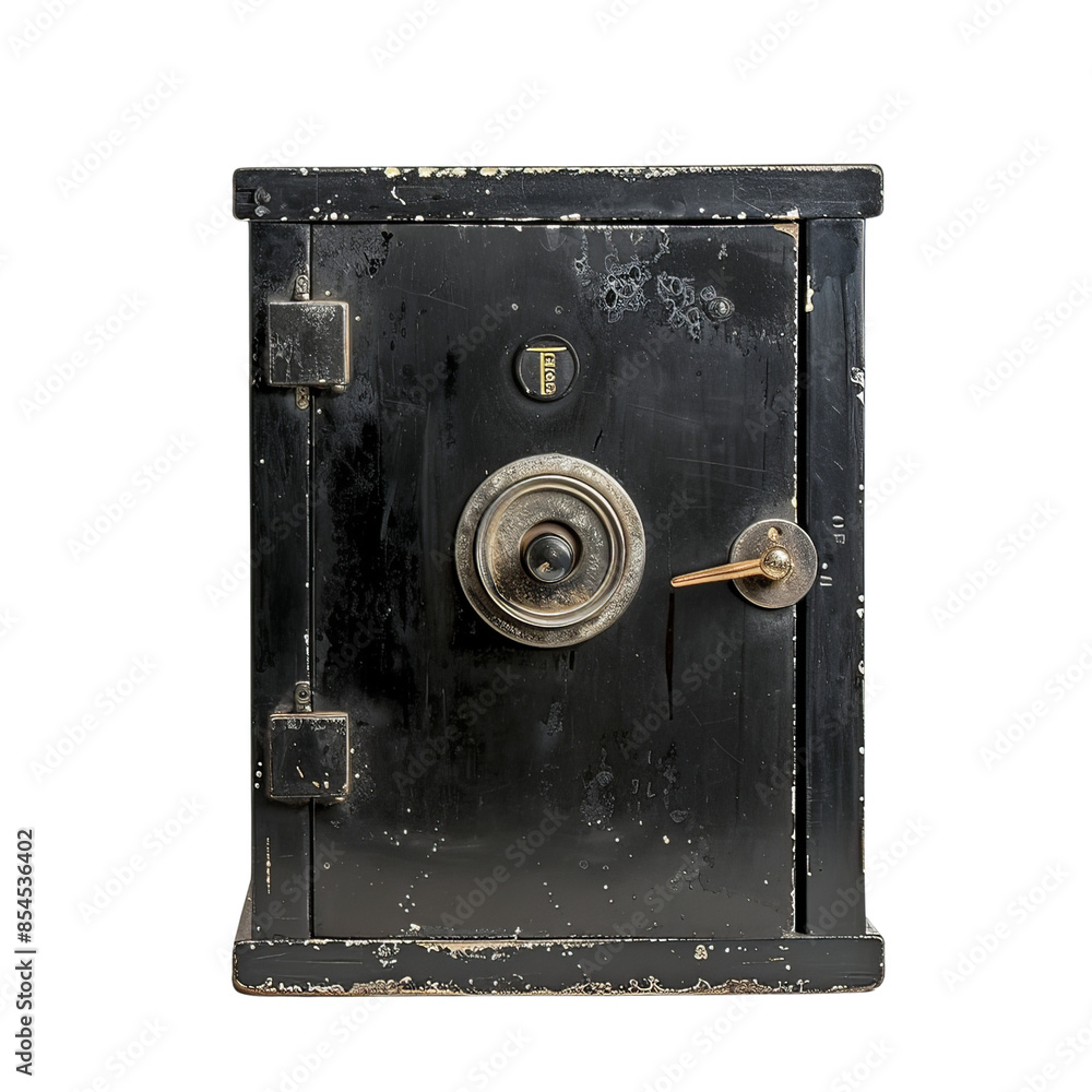 Vintage black metal safe with combination lock and handle, isolated on ...