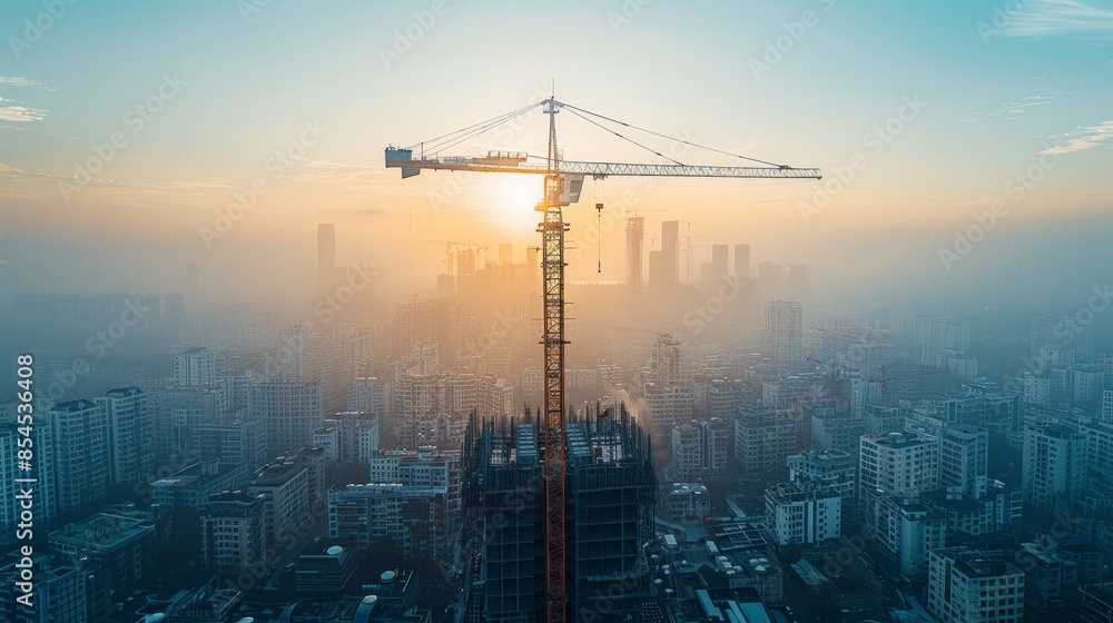 Construction site, yellow crane against blue sky, panoramic mock-up, AI Generative Construction site, yellow crane against blue sky, panoramic mock-up, AI Generative