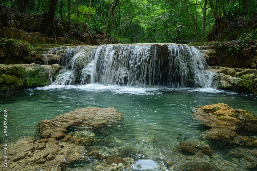 Fototapeta premium A tropical waterfall surrounded by dense jungle, with clear water flowing into a small pool. 