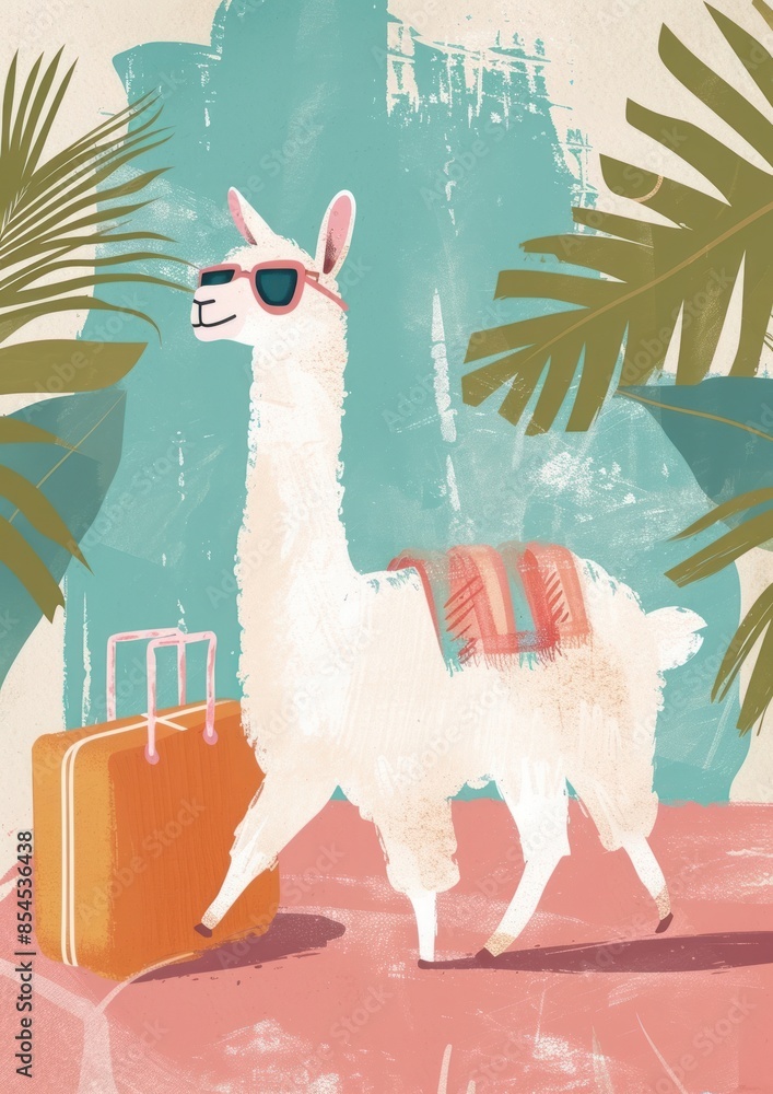 Fototapeta premium Alpaca going on Summer vacation mammal animal travel.