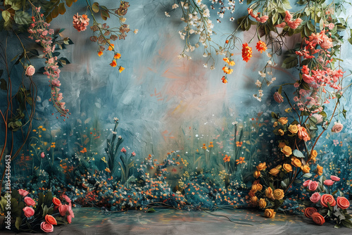 Maternity backdrop, wedding backdrop, photography background with delicate flowers and vintage wall.