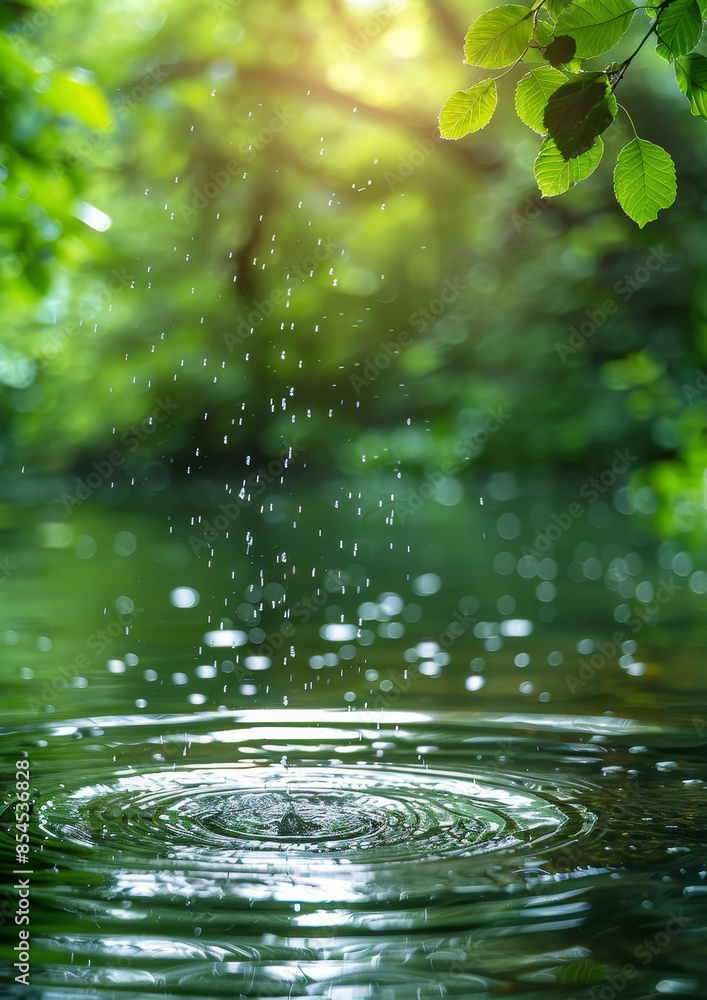 Water ripples formed by a droplet falling from leaves with a green forest background. Ideal for refreshing nature themes, outdoor scenes, and relaxation visuals. Water ripples formed by a droplet falling from leaves with a green forest background. Ideal for refreshing nature themes, outdoor scenes, and relaxation visuals.
