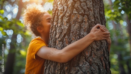 Person Hugging Tree in Forest with Sunlight