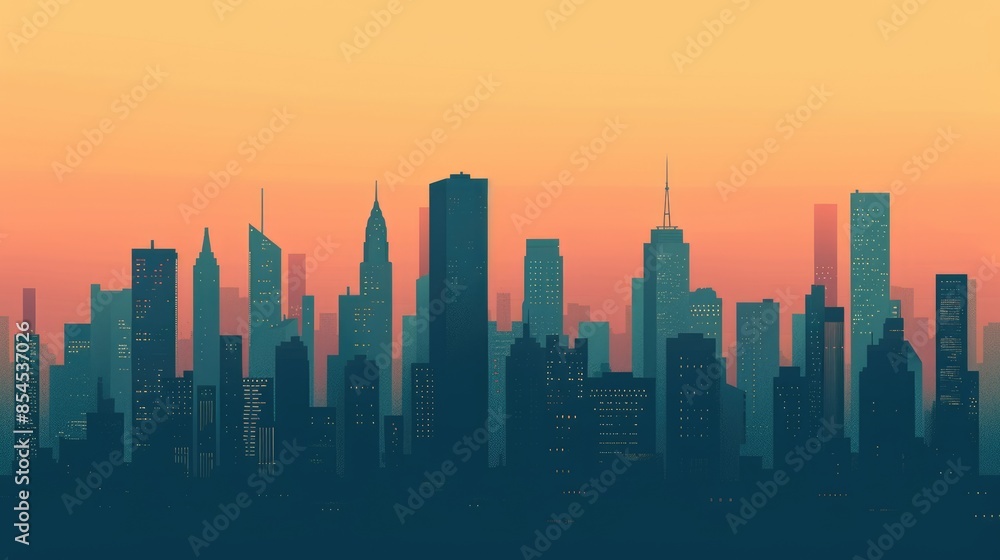 Modern futuristic abstract of minimalistic cityscape with twilight sky. Artistic towering skyscraper background with gradient sky in evening time while people turning on the light in tower. AIG42.