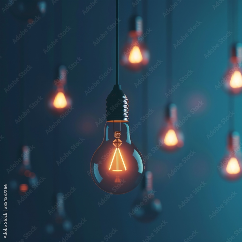 Illustrate a 3D rendering of a single glowing light bulb, distinctively hanging and illuminating brightly among a backdrop of unlit incandescent bulb, AI Generative Illustrate a 3D rendering of a single glowing light bulb, distinctively hanging and illuminating brightly among a backdrop of unlit incandescent bulb, AI Generative