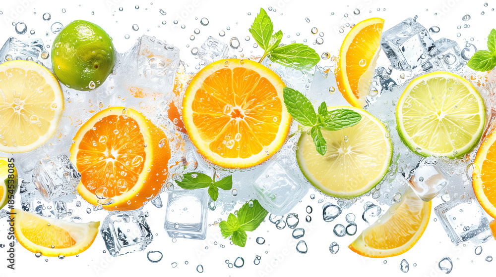 Assorted citrus fruits and leaves arranged on a white background. Assorted citrus fruits and leaves arranged on a white background.