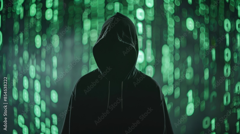 Hacker wear black hoodie at work with a laptop, graphic digital matrix of green numbers and symbols interface background Hacker wear black hoodie at work with a laptop, graphic digital matrix of green numbers and symbols interface background
