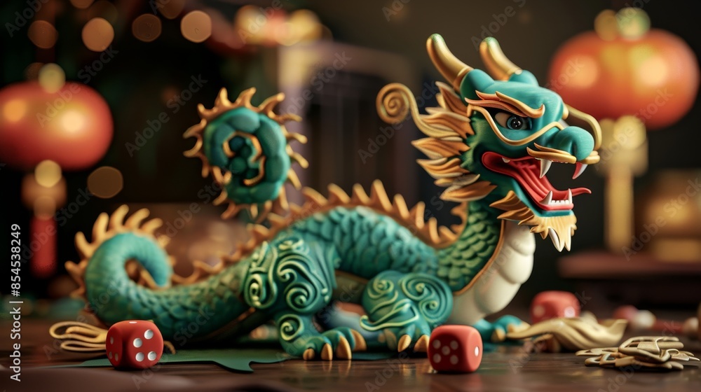 Vibrant Chinese Dragon Figurine with Dice and Lanterns, Generative AI Vibrant Chinese Dragon Figurine with Dice and Lanterns, Generative AI