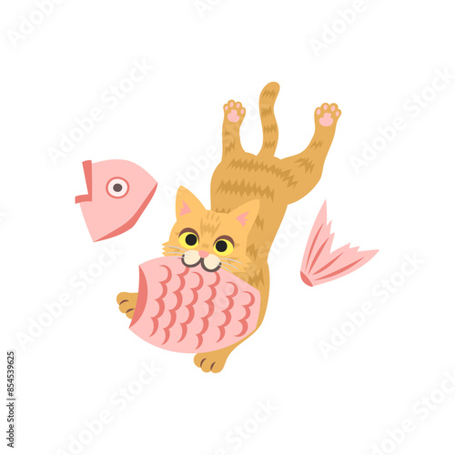「頭と尻尾はくれてやれ」のイラスト。魚の胴体を食べる猫。フラットなベクターイラスト。
A cat eating the body of a fish. Flat vector illustration.