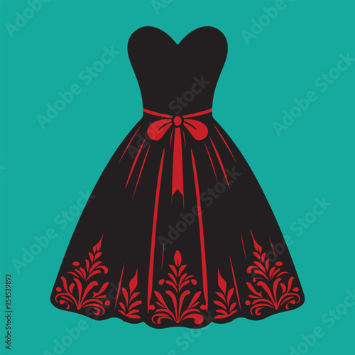 Women drees Silhouette Art design. Silhouette of a young pretty woman in long dress with frill, fluffy skirt. Bride silhouette in luxury ball gown for design. Slim female vintage style dress. 