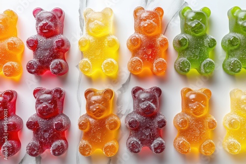 An array of gummy bears in a mix of red, green, yellow, and orange, spread out on a white background.  photo