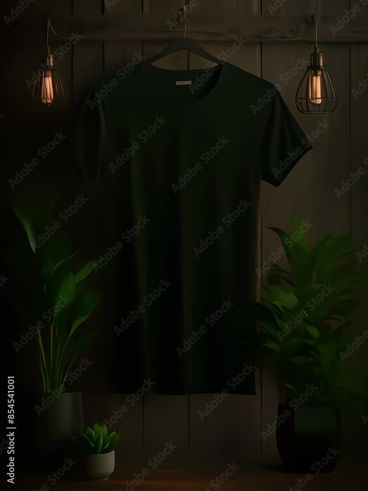 presentation of a hanging mockup of a plain black t-shirt, with a wooden pattern background, 4k resolution footage, generated ai presentation of a hanging mockup of a plain black t-shirt, with a wooden pattern background, 4k resolution footage, generated ai