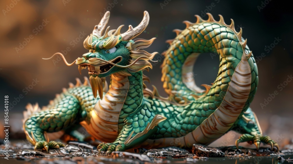 Fototapeta premium Majestic Green Dragon with Golden Accents, Generative AI