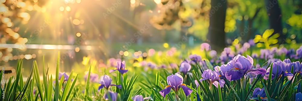 Obraz premium Spring Purple Iris in a Park. Creative banner. Copyspace image