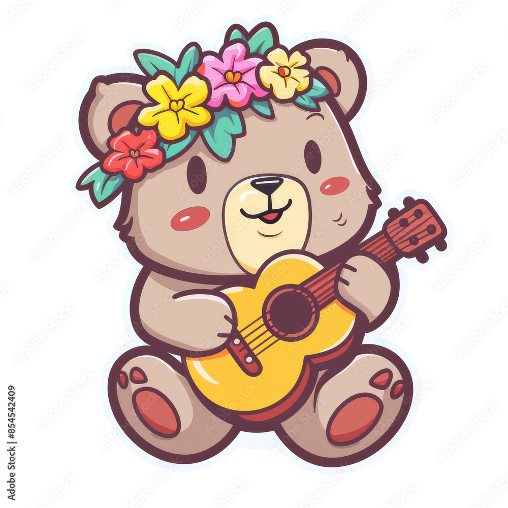 Sticker of a cute cartoon bear wearing a flower lei and playing the ukulele Sticker of a cute cartoon bear wearing a flower lei and playing the ukulele