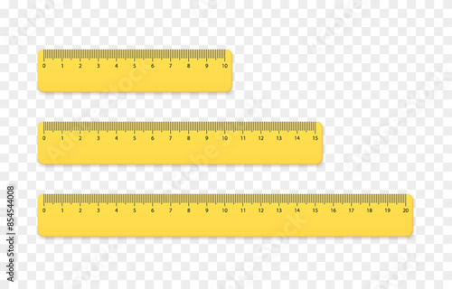 Set of realistic vector rulers png. Yellow rulers of different sizes. School supplies png.
