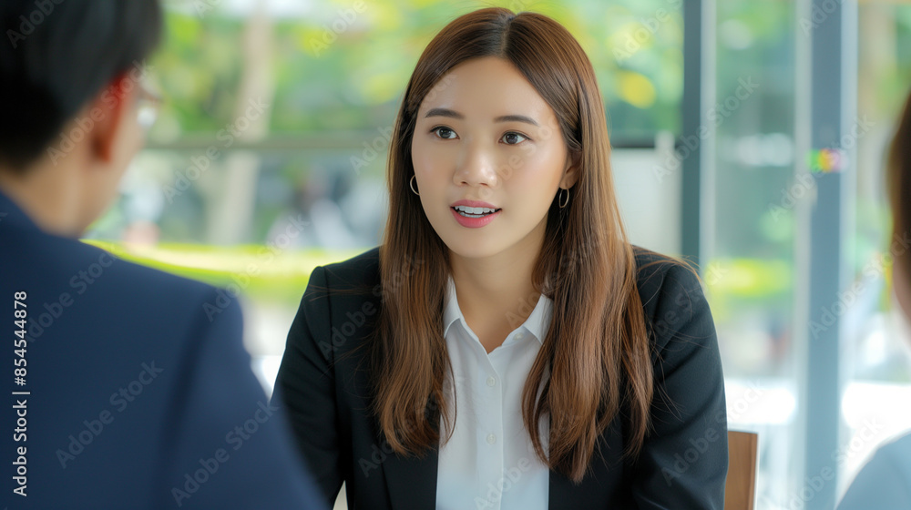 A woman in a business suit is talking to a man. The woman is wearing a white shirt and has her mouth open. Job interview, human resource and recruitment concept. Generative ai illustration. A woman in a business suit is talking to a man. The woman is wearing a white shirt and has her mouth open. Job interview, human resource and recruitment concept. Generative ai illustration.