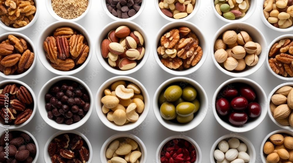 Assorted nuts in containers placed on wooden background Assorted nuts in containers placed on wooden background