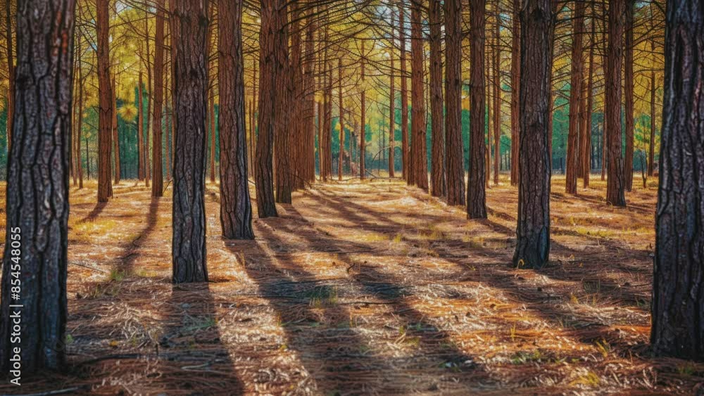 A dirt path meanders through a dense pine forest, tall trees with green and yellow leaves, sunlight streaming through.
A dirt path meanders through a dense pine forest, tall trees with green and yellow leaves, sunlight streaming through.