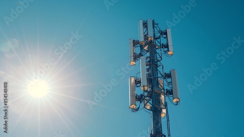  telecommunication tower equipped with 5G antennas, set against a clear and bright blue sky, showcasing the advancement in mobile network technology