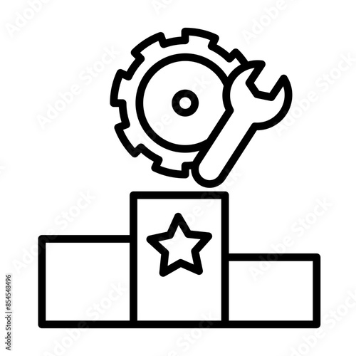 Industry competitiveness icon. There is a victory stand and a wrench and a gear.
