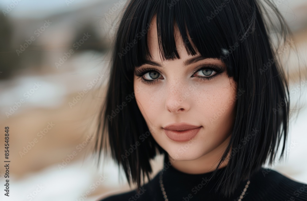 beautiful woman with dark hair and striking blue eyes beautiful woman with dark hair and striking blue eyes