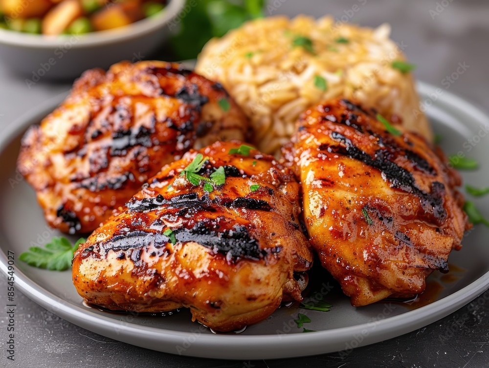 Delicious grilled chicken with rice and vegetables Delicious grilled chicken with rice and vegetables