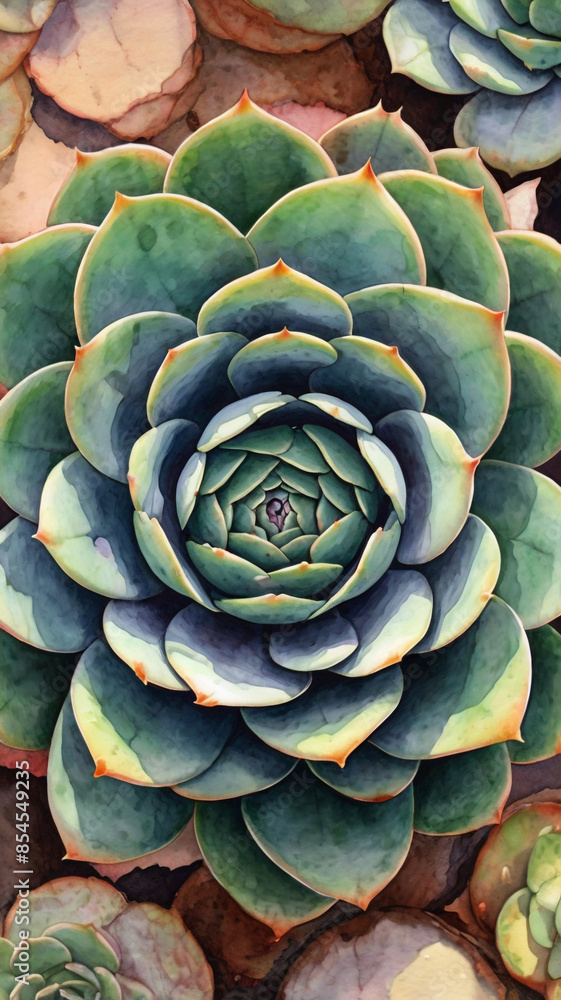 Watercolor painting: The distinctive rosette of an echeveria, its drought-tolerant nature and eye-catching appearance a popular garden addition, Watercolor painting: The distinctive rosette of an echeveria, its drought-tolerant nature and eye-catching appearance a popular garden addition,