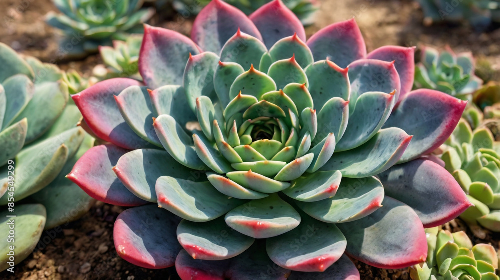 Watercolor painting: The distinctive rosette of an echeveria, its drought-tolerant nature and eye-catching appearance a popular garden addition, Watercolor painting: The distinctive rosette of an echeveria, its drought-tolerant nature and eye-catching appearance a popular garden addition,