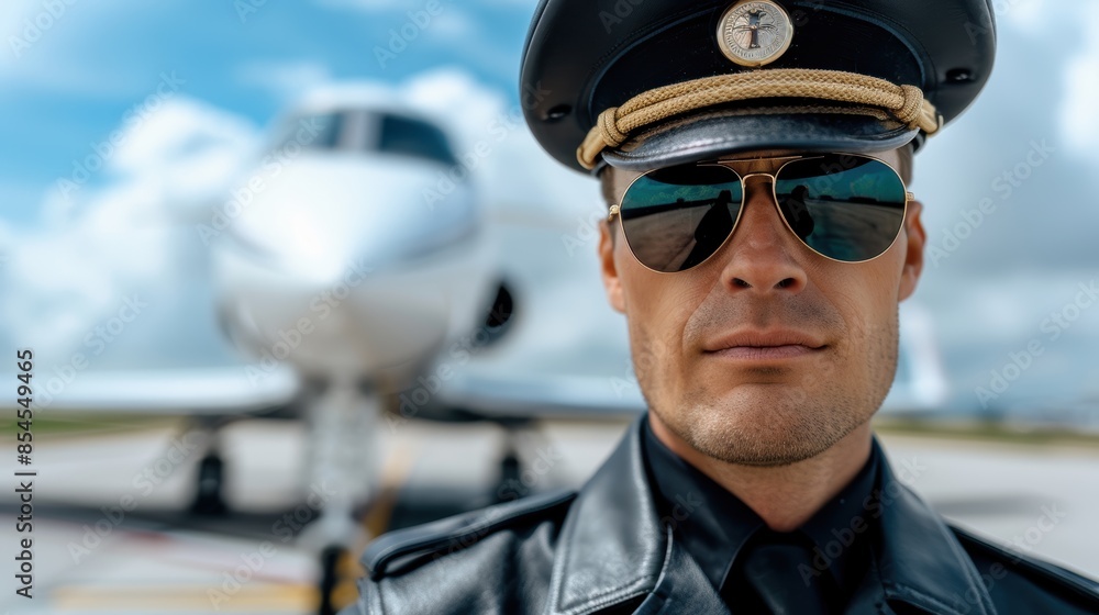Pilot in uniform with sunglasses standing in front of private jet Pilot in uniform with sunglasses standing in front of private jet