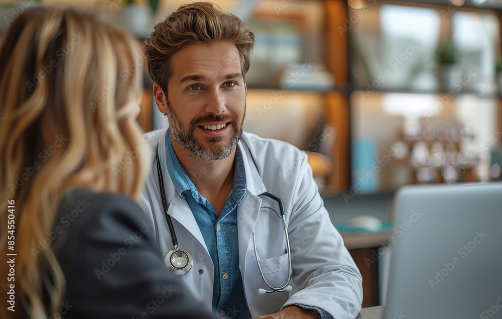 A man and a woman are sitting at a table with a laptop in front of them