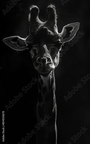 A giraffe's head and neck in a dark background, a dramatic close-up of the animal's features.