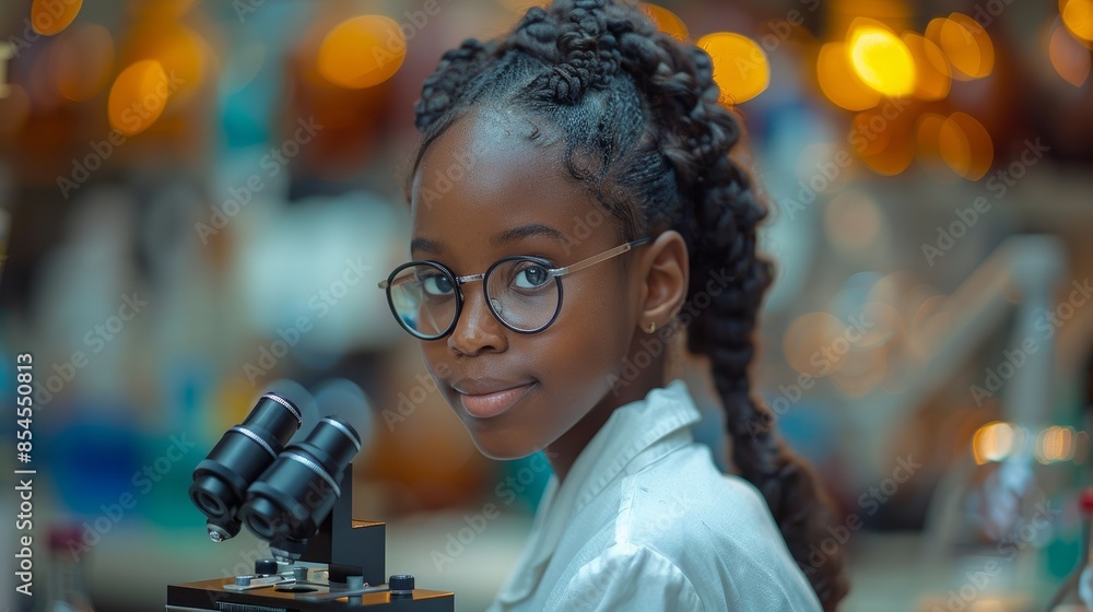 African American girl scientists learning and writing science and researching through microscope in the laboratory. Science and education, African American girl scientists learning and writing science and researching through microscope in the laboratory. Science and education,